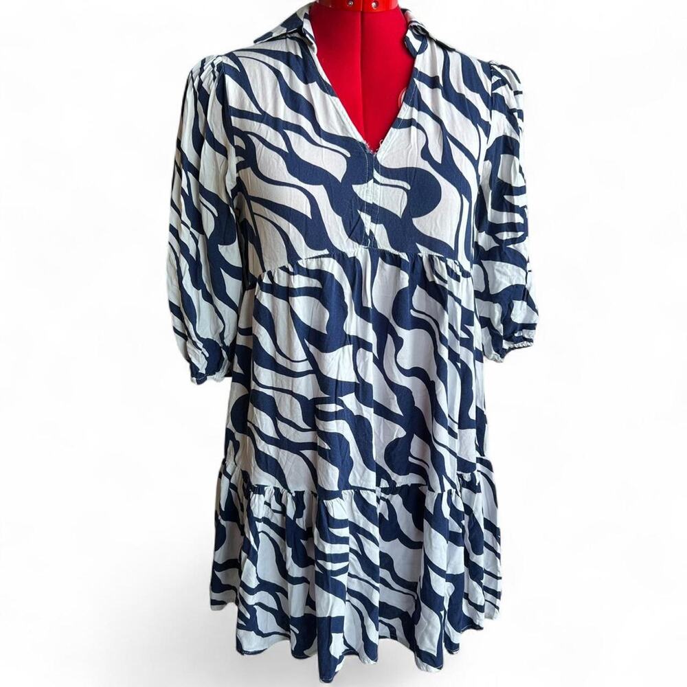 Blue & White Wavy Pattern Ruffle Long Sleeves Babydoll Dress With Collar